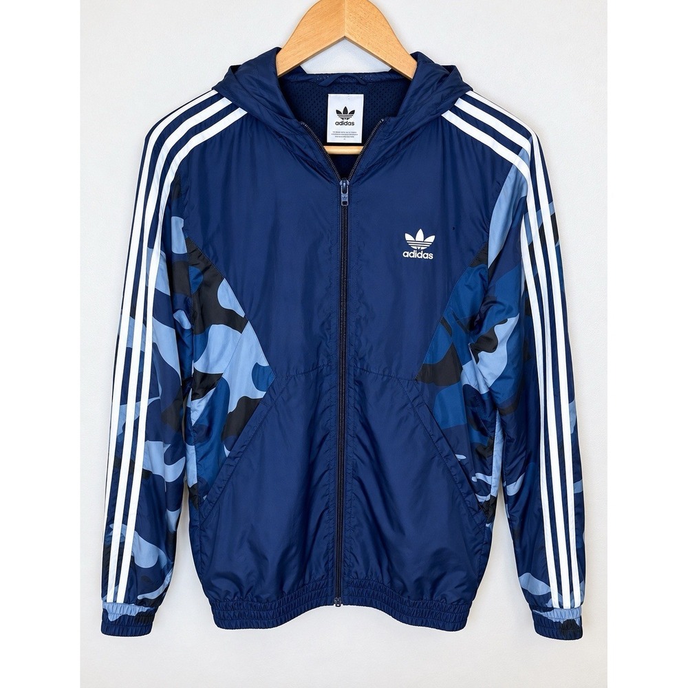 Adidas Originals Windbreaker Jacket Mens S Blue Camo Trefoil Hooded 3 Stripe